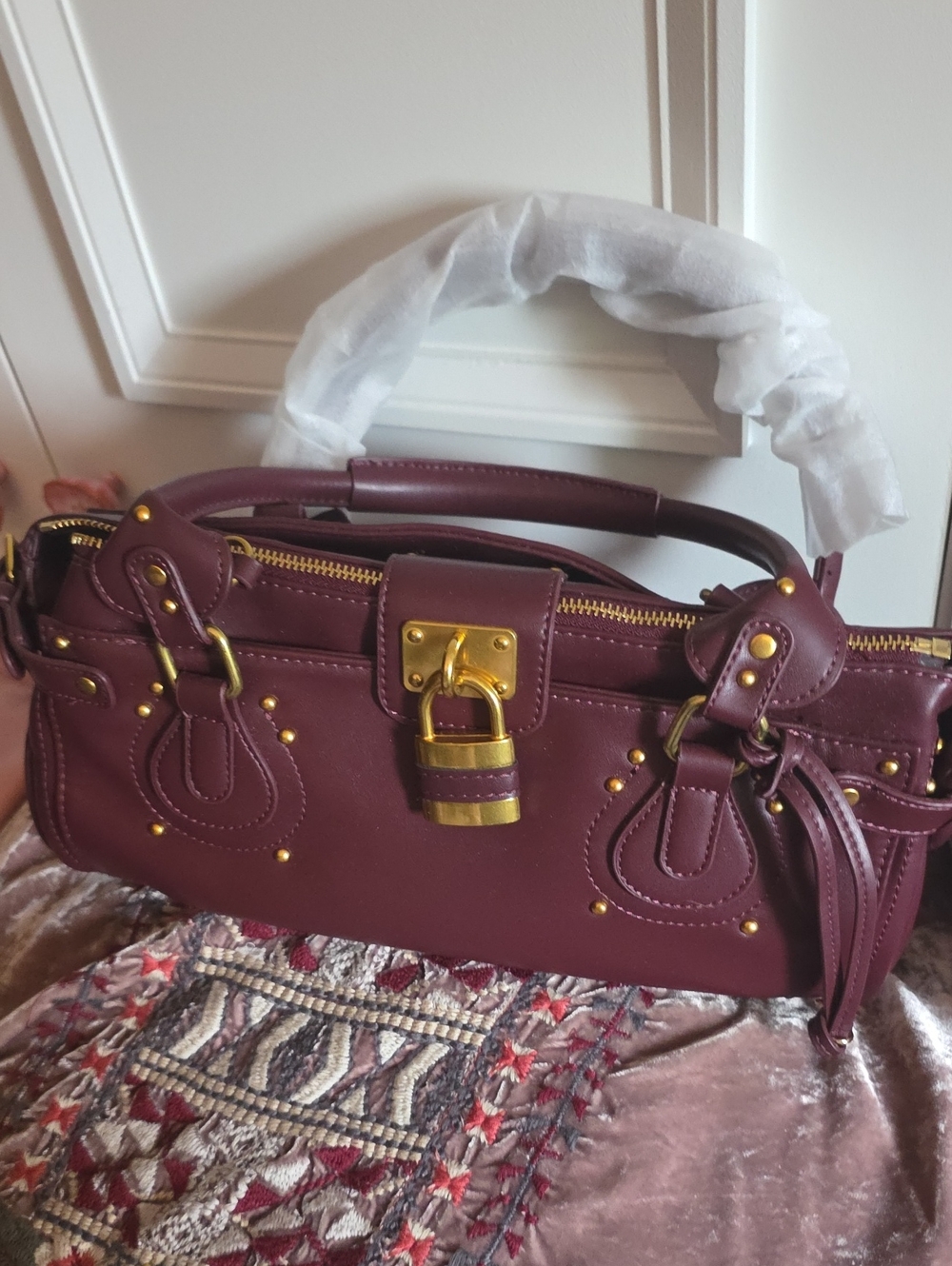 Women's Burgundy Satchel with Gold Hardware
